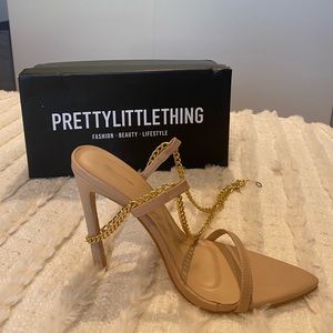 PRETTY LITTLE THING NEVER WORN NUDE AND GOLD HEELS